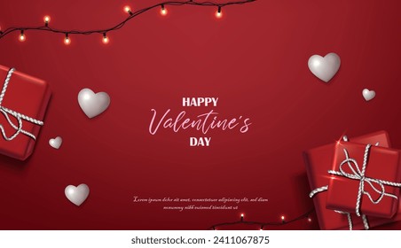 3d ilustración vectorial realista. Fondo rojo con regalos y corazones blancos. Feliz Día de San Valentín.