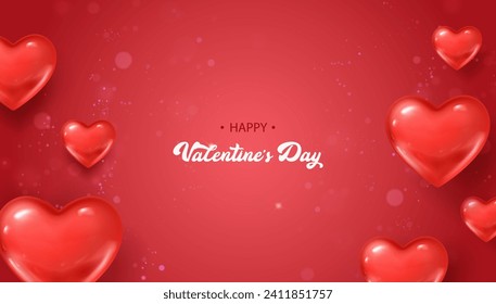 3d realistic vector illustration. Red hearts happy Valentines banner.