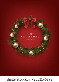 3d realistic vector illustration.  Red celebration banner christmas door wreath with decorations of fir tree, balls and lights with red ribbon.