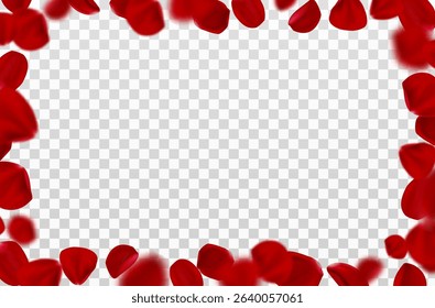 3d realistic vector illustration. Red rose falling petals frame border on transparent background. Beauty and cosmetic background presentation.