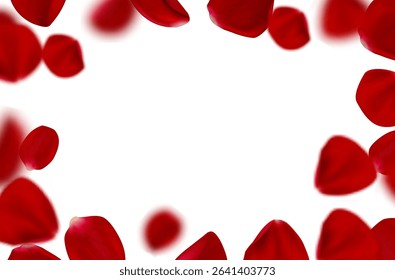 3d realistic vector illustration. Red rose falling petals with blurr frame border on white background. Beauty and cosmetic background presentation.