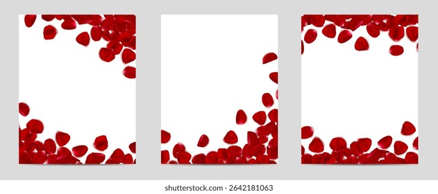 3d realistic vector illustration. Red rose falling petals frame border on white background. Beauty and cosmetic background presentation.