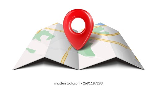 Ilustración vectorial realista en 3D. Pin de ubicación rojo en el mapa. Aislado sobre fondo blanco.