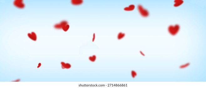 Ilustración vectorial realista en 3D. Fondo de Anuncio de San Valentín con corazones rojos voladores sobre un fondo azul.