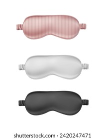 3d ilustración vectorial realista. Conjunto de máscaras para dormir blancas, negras y rosas.