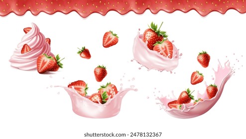 Ilustración vectorial realista 3d. Conjunto de fresa con nata batida, chorrito de leche con fresas maduras, caída de bayas rojas. 