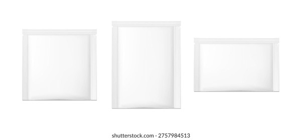3d realistic vector illustration. Set of blank white sugar or food packaging sachets mockup.