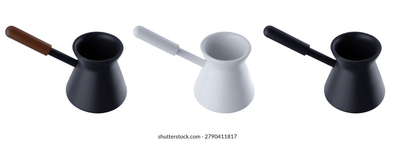 3D realistic vector illustration set of three traditional Turkish coffee pots, cezve or ibrik in minimalist black and white colors with long handles, isolated on white background.