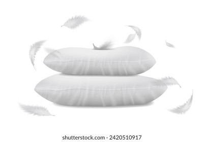 3d realistic vector illustration. Side view white pillows with flying feathers around. isolated on white background. Sweet dreams concept.