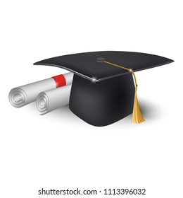 3d realistic vector illustration. Square academic cap and rolls of paper, diploma.