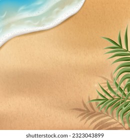 3d realistic vector illustration. Summer background. Beach sand with waves and palms. Top view.