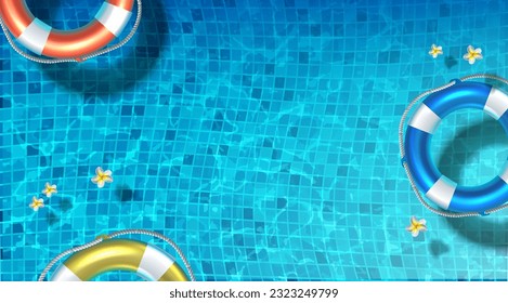 3d realistic vector illustration. Summer background. Summer pool  background. Top view with lifebuoys and franjipani flowers.