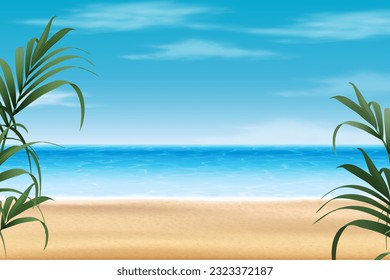 3d realistic vector illustration. Summer background. Sea and beach view with palms.