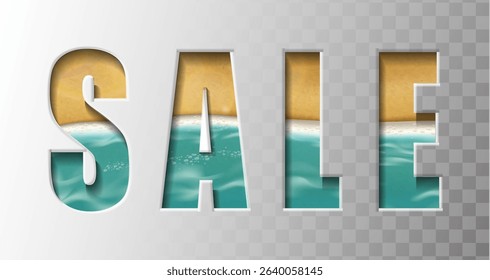 3d realistic vector illustration. Summer sale element with beach water and sand. Isolated on background.