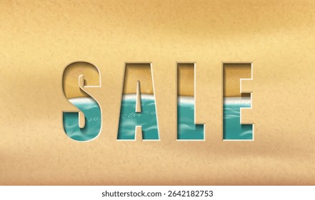 3d realistic vector illustration. Summer sale element with beach water and sand sign on the beach. 
