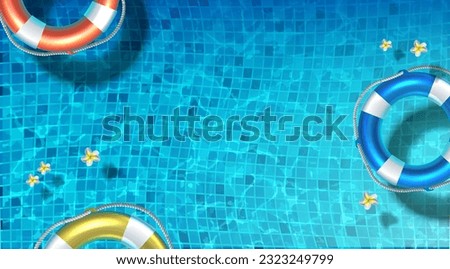 3d realistic vector illustration. Summer background. Summer pool  background. Top view with lifebuoys and franjipani flowers.