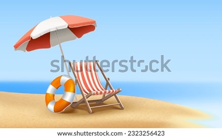 3d realistic vector illustration. Summer background. Sea side beach view with sunbed and parasol.