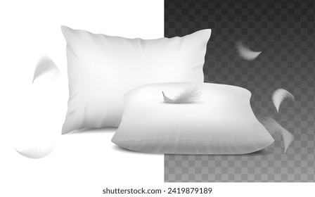 3d realistic vector illustration. Sweet dreams design concept. Mockup White pillows with flying feathers, isolated.