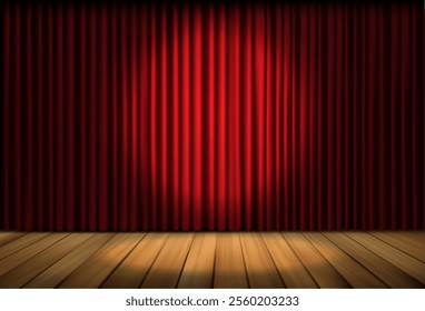 3d realistic vector illustration. Teather or cinema background with red velvet curtains and spotlight. Wooden scene with curtains.