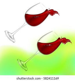 3d realistic vector illustration. Transparent isolated wineglass with red wine. Red wine pouring out of a glass splash.