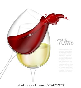 3d realistic vector illustration. Transparent isolated wineglass with red and white wine. Red wine pouring out of a glass splash.