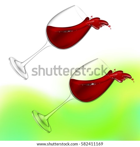 3d realistic vector illustration. Transparent isolated wineglass with red wine. Red wine pouring out of a glass splash.