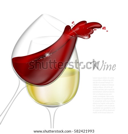 3d realistic vector illustration. Transparent isolated wineglass with red and white wine. Red wine pouring out of a glass splash.