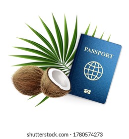 3D realistic vector Illustration. Travel banner, passport with coconuts and a palm branch. Isolated on White Background.