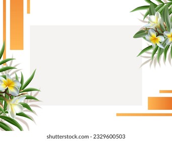 3d realistic vector illustration. Tropical frangipani flowers frame banner.