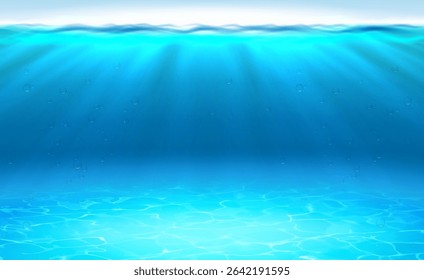 3d realistic vector illustration. Underwater deep blue sea or ocean with sand and sun rays.
