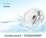 3d realistic vector illustration. Washing dishes banner. Clean white plates with cutlery, spoon, fork and knife with water splashes.