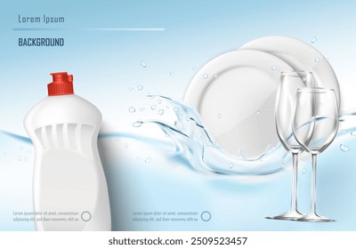 3d realistic vector illustration. Washing dishes banner. Clean white plates with glasses and washing liquid bottle on the water splash background. 