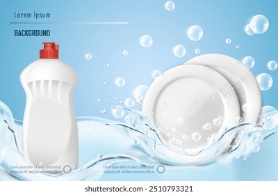 3d realistic vector illustration. Washing dishes banner. Clean white plates and wash liquid, with with bubbles and water splashes.