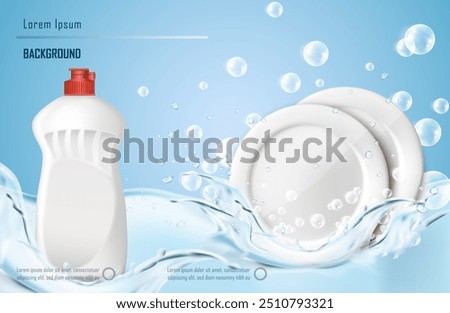 3d realistic vector illustration. Washing dishes banner. Clean white plates and wash liquid, with with bubbles and water splashes.