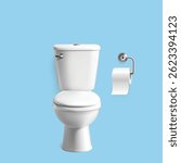 3d realistic vector illustration. White toilet bowl with a paper roll.