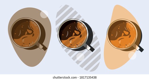 3d realistische Vektorgrafik weißer Tassen aromatischen Kaffees mit Draufsicht.Trendy beliebtes Design Cappuccino, Kamericano, Espresso, Mocha, Latte, Kakaa