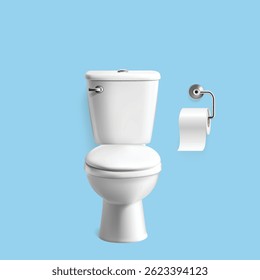3d realistic vector illustration. White toilet bowl with a paper roll.