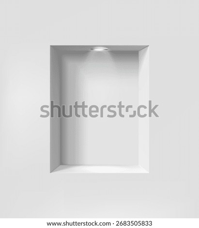 3d realistic vector illustration. White wall niche box shelf with spot light.