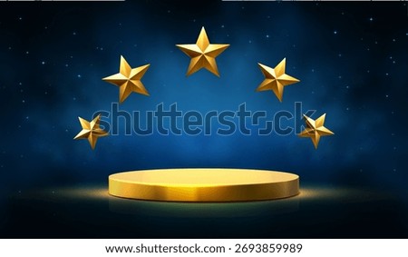 3d realistic vector illustration. Winner background with golden stage and five gold stars around on a dark background with sparkles and clouds.