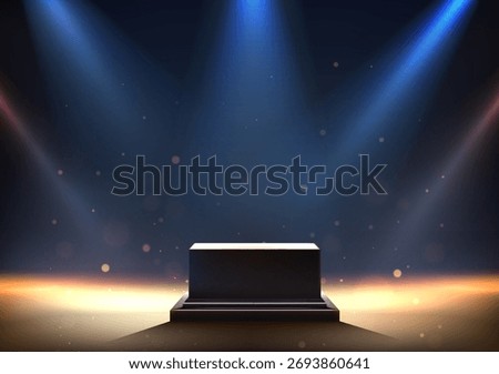 3d realistic vector illustration. Winner trophy stage with spotlights on dark background.