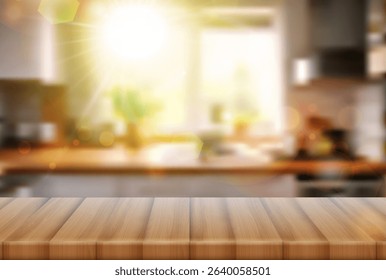 3d realistic vector illustration. Wooden table with blurred kitchen background. Banner for product display or presentation.