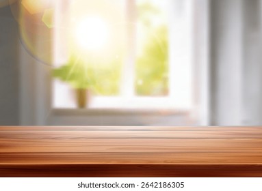 3d realistic vector illustration. Wooden table with blurred living room on the background. Banner for product display or presentation.