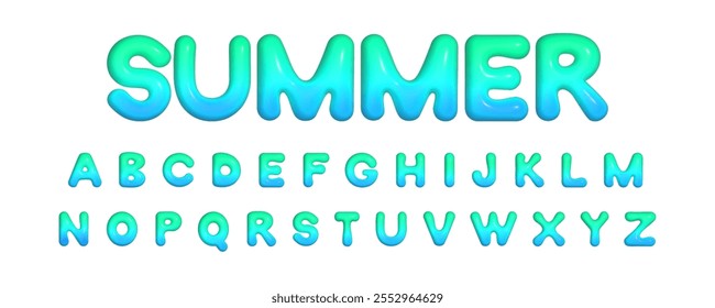 Vetor realista 3d inflado borbulhado brilhante gradiente alfabeto com negrito mão desenhado verde e letras azuis isoladas no branco