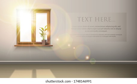 3d realistic vector interion with wooden window, plant and sun shining through it. Place for your advertisement.