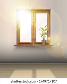 3d realistic vector interior. Wooden window with a plant and sun shining through the glass.