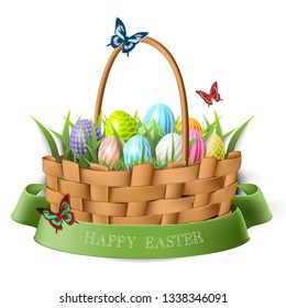 3d realistic vector isolated Easter eggs colored  with green grass in the wicker basket with butterflies and green ribbon with hand written sign.