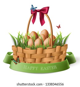3d realistic vector isolated Easter eggs  with green grass in the wicker basket with a red bow with butterflies and green ribbon with hand written sign.