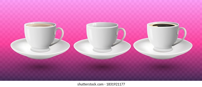 3d realistic vector isolated white cups of coffee with spoon, top and side view, cappuccino, americano, espresso, mocha, latte, cocoa