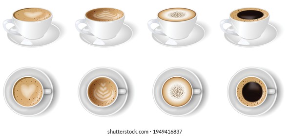 3d realistic vector isolated white cups of coffee , top and side view, cappuccino, americano, espresso, mocha, latte, cocoa