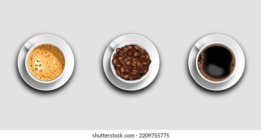 3d realistic vector isolated white cups of coffee, top view, cappuccino, americano, espresso, mocha, latte, cocoa, coffee beans